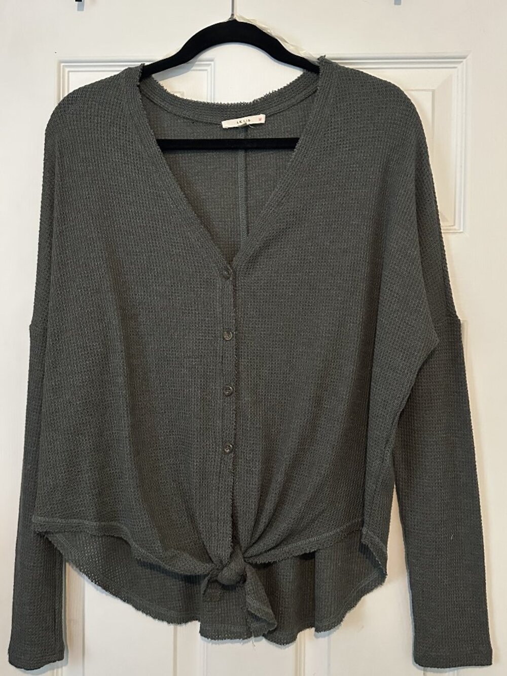 Charcoal Olive Front Tie Button Down Knit Sweater